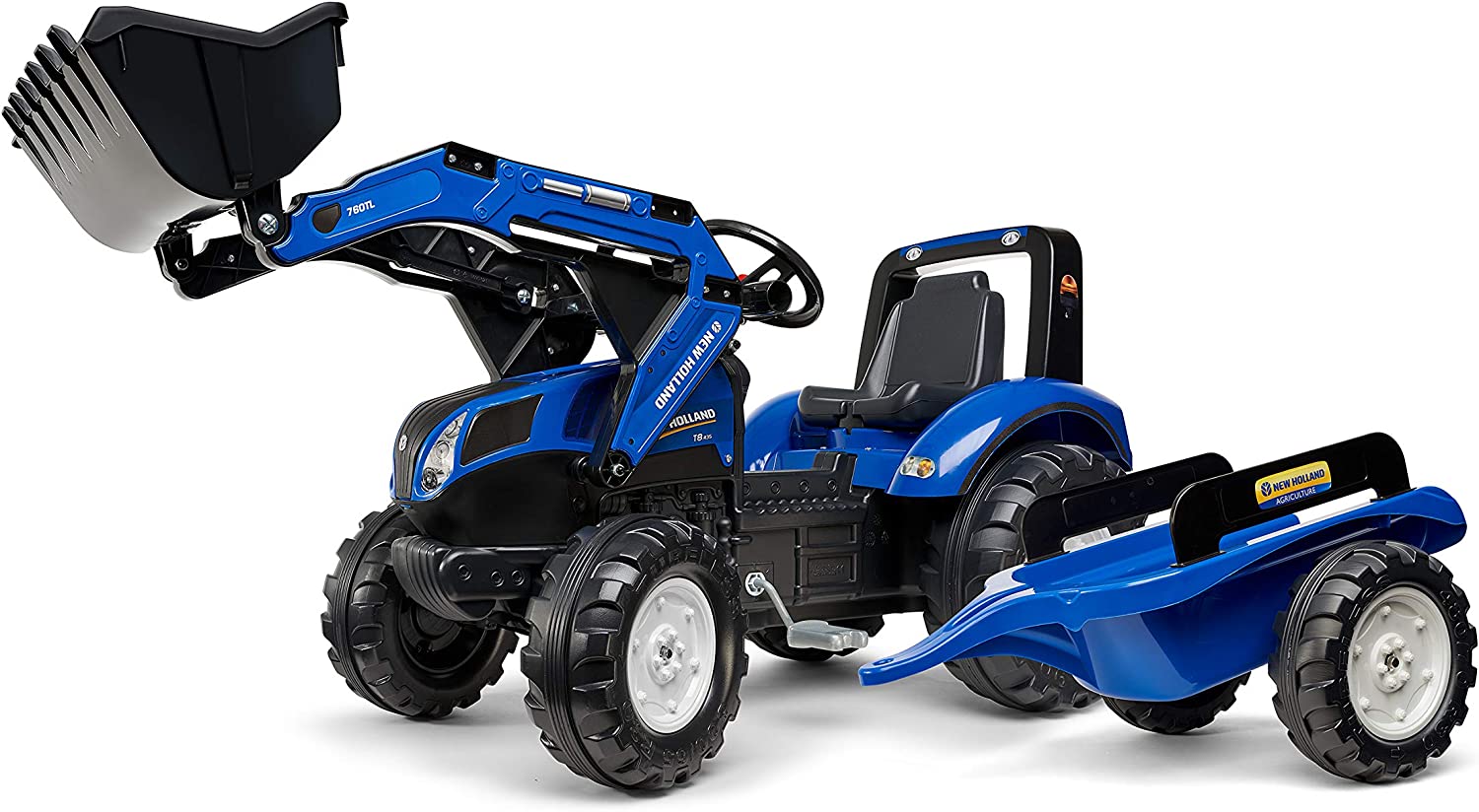 Falk Trettraktor New Holland T8 mit Anhänger und Frontlader