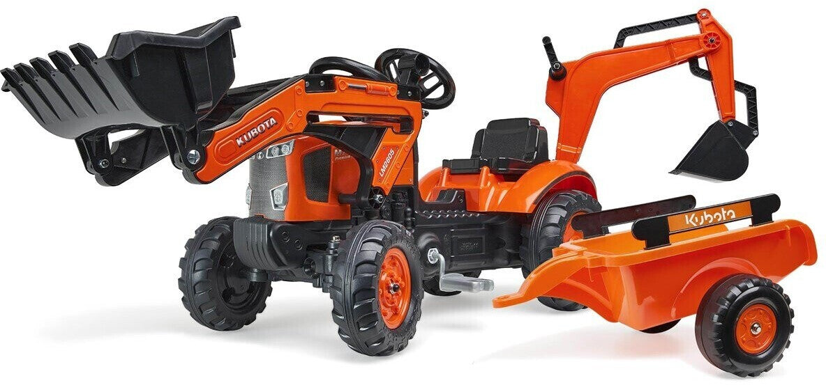 falk traktor mit pedalen und anhänger Falk Trettraktor Kubota mit Anhänger, Frontlader und Baggerarm