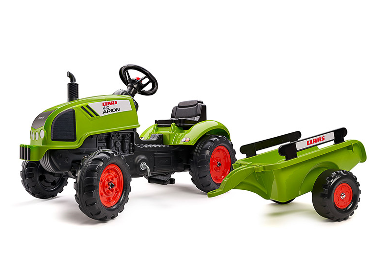 Falk Trettraktor Claas Arion 410 mit Anhänger und aufklappbarer Motorhaube