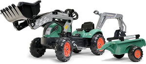 Falk Trettraktor Baggerlader mit Anhänger, Frontlader und Baggerarm