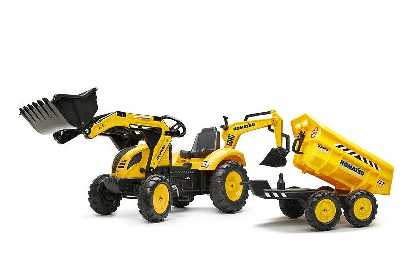 Falk Trettraktor Komatsu mit Frontlader, Heckbagger und Maxi-Anhänger