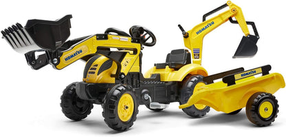 Falk 2076N Komatsu Tractopelle mit Pedalen und Bagger hinten und Anhänger