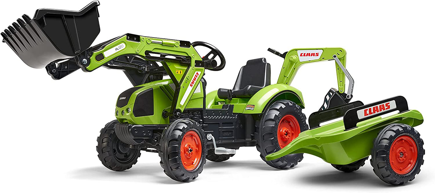 Falk Trettraktor Claas Arion 430 mit Frontlader, Anhänger und Heckbagger