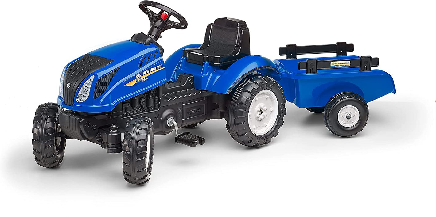 Falk Trettraktor New Holland T6 mit Anhänger und aufklappbarer Motorhaube