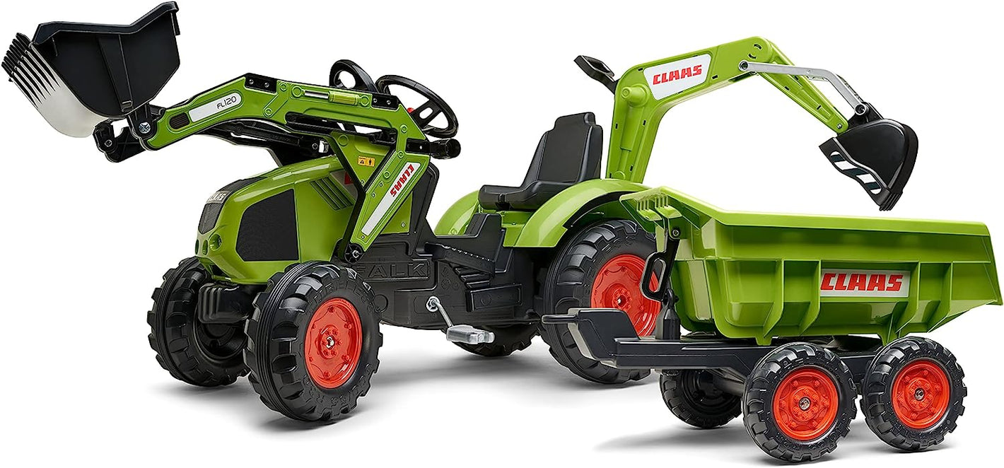 Falk Trettraktor Claas Axos 330 mit Frontlader Baggerarm und Maxi-Kippanhänger