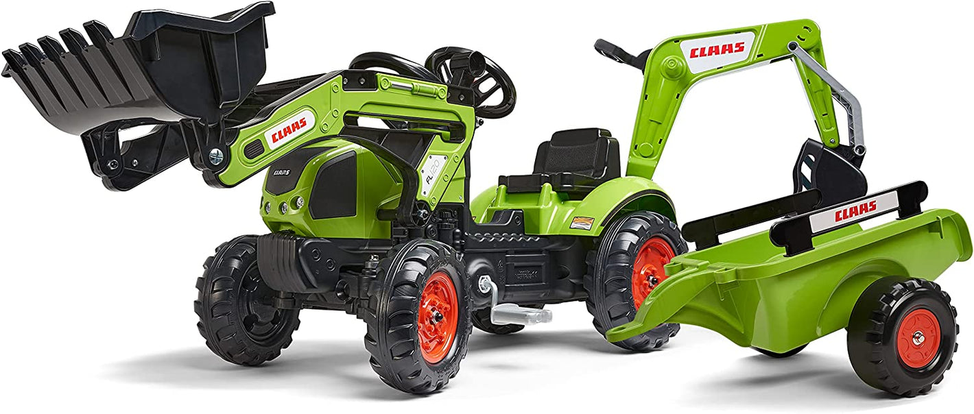 Falk Trettraktor Claas Arion 410 mit Anhänger, Frontlader und Baggerarm